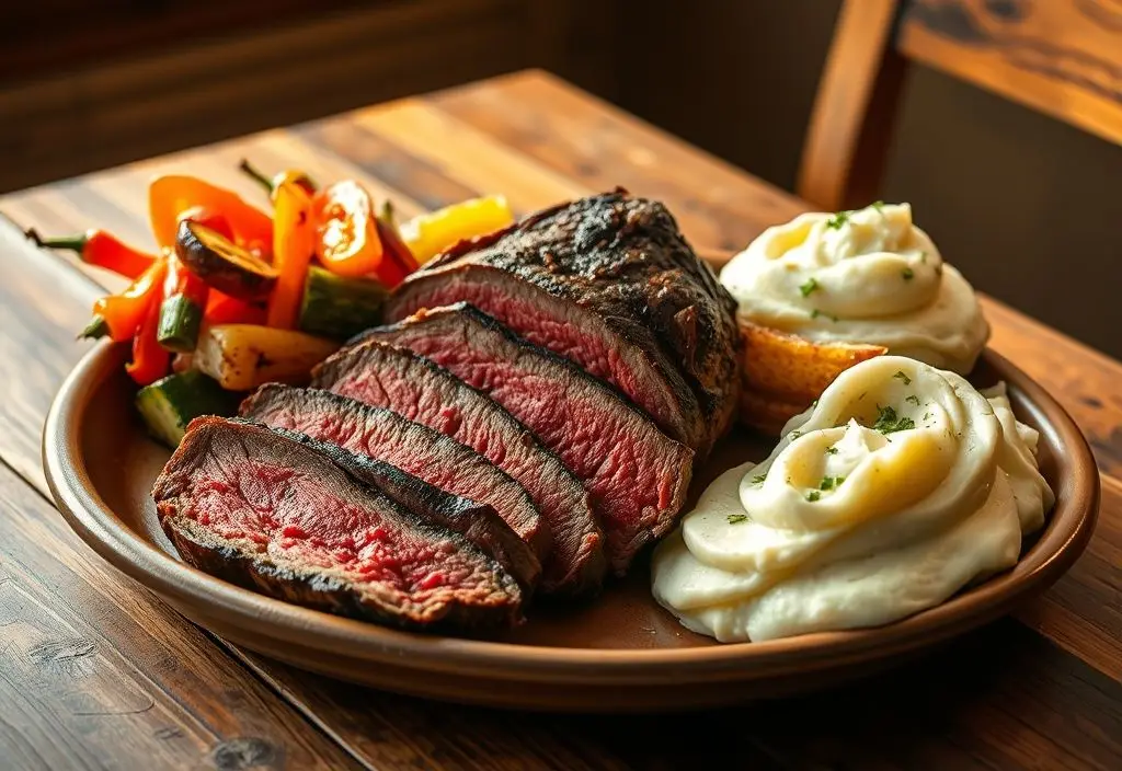 Sliced smoked sirloin tip roast served with vegetables and mashed potatoes on a rustic platter