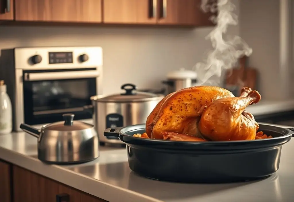Smoked turkey on a countertop with oven, slow cooker, and roasting pan, showing different reheating equipment in a cozy kitchen setting.