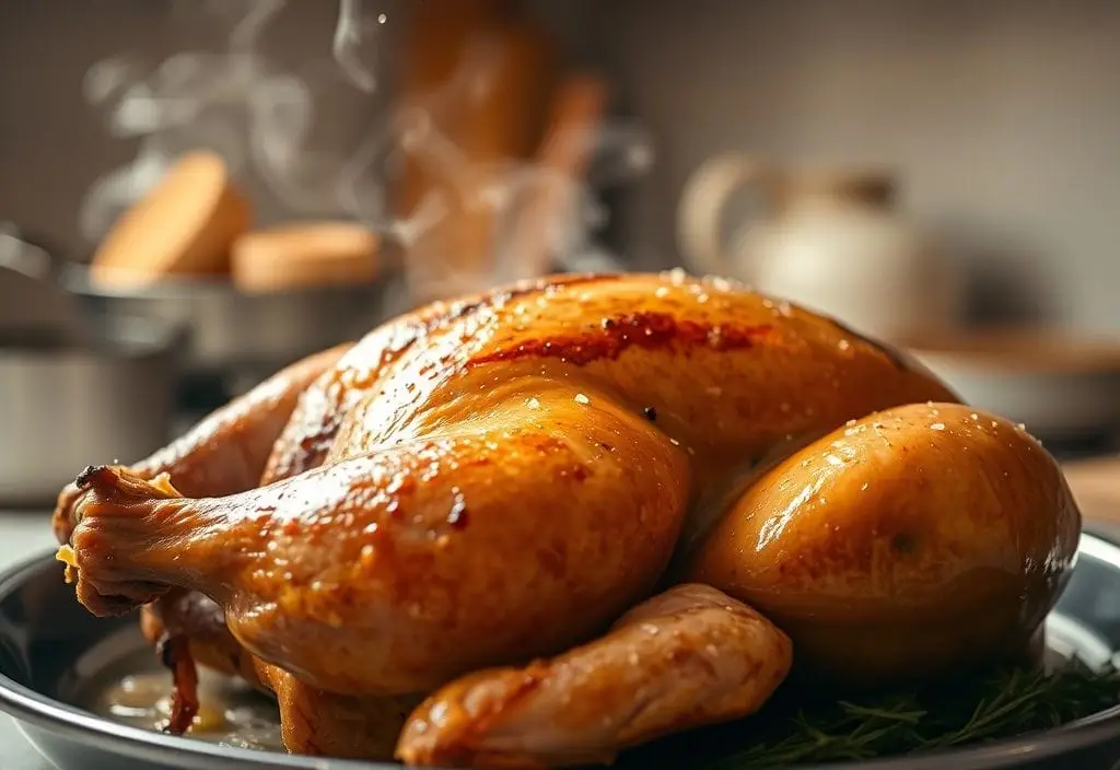 Close-up of a golden smoked turkey being reheated with steam and glistening broth, emphasizing juicy and tender meat.