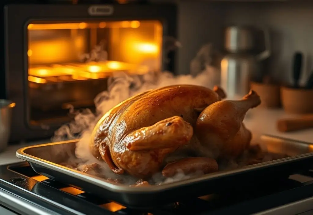 Golden-brown smoked turkey reheating in the oven with warm ambient light and gentle steam, illustrating how to reheat a smoked turkey properly with time and temperature guidelines.