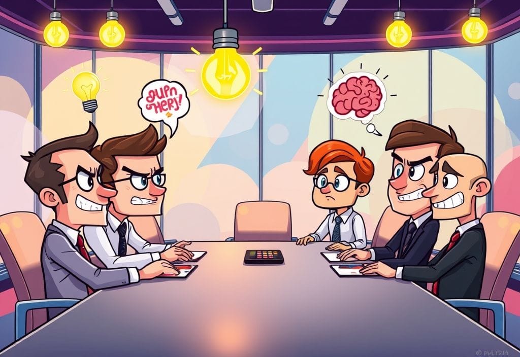 Friends playfully roasting each other while strategizing in a creative and competitive party game.