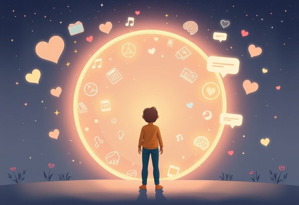 Whimsical illustration of a glowing portal filled with therapy-related icons, symbolizing the journey of finding the right therapists for relationship anxiety through an intuitive and personalized process