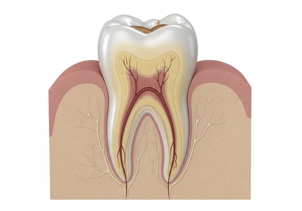 Realistic illustration of a molar tooth with visible root canals showing what is a root canal in a clear and educational way