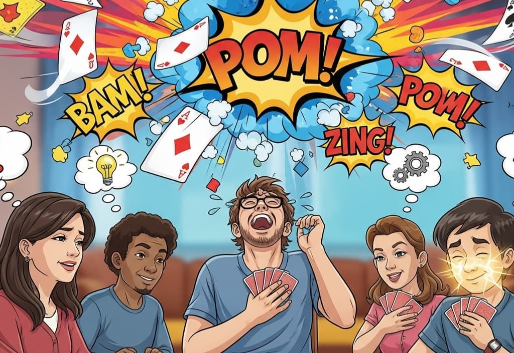 Players laugh and think during chaotic party games like Cards Against Humanity in a wordplay-based game night.