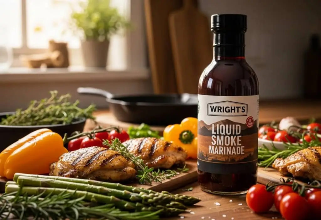Bottle of Wright's Liquid Smoke Marinade on a kitchen countertop with grilled chicken and roasted vegetables, showing smoky flavor and cooking inspiration
