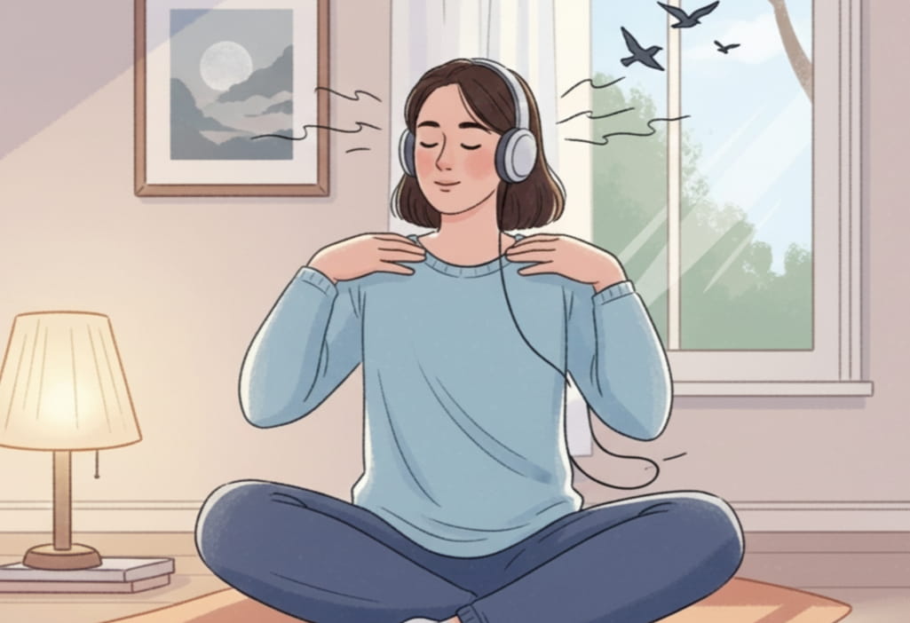 Illustration of a person practicing the 3-3-3 grounding rule for anxiety relief, noticing three objects, listening to three sounds, and moving three body parts in a serene, pastel-colored environment, promoting mindfulness and calm.
