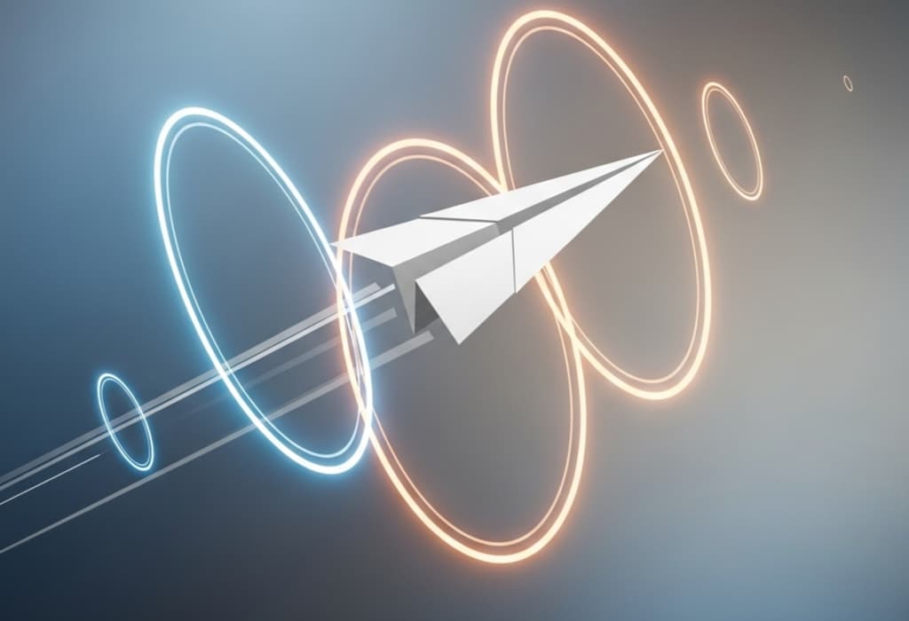 Paper airplane weaving through glowing rings, symbolizing brand elevation scale agile solutions improving agility, responsiveness, and flexible adaptation in fast-moving markets.