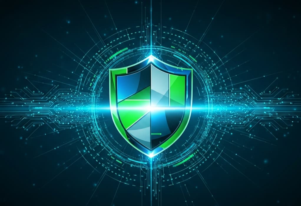 Central glowing shield with symmetrical digital patterns and radiant lines, representing best practices to impress investors with a cybersecurity PPTX.