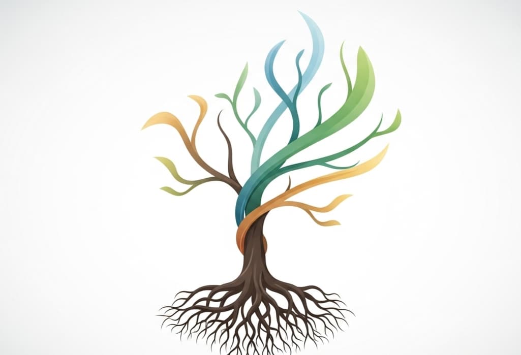 Abstract illustration of a strong tree with flexible, flowing branches symbolizing brand elevation scale agile solutions, stability, and agile growth, set on a minimalist background.