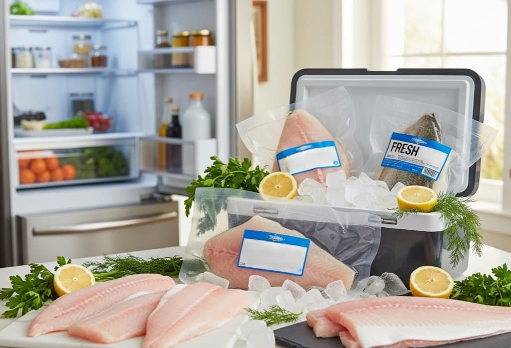 Fresh fish fillets being bought and properly stored with ice, herbs, and packaging on a clean kitchen countertop.