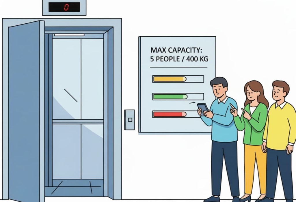 Illustration of an elevator with weight indicators and a digital display, showing how to calculate safe lift capacity in a clean vector style.