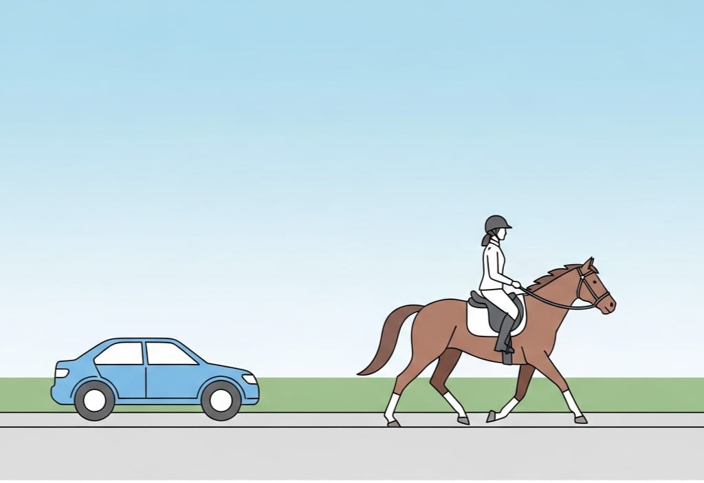 Vector illustration of a person riding a horse on a road next to a car, symbolizing DUI laws and how they apply to horses.