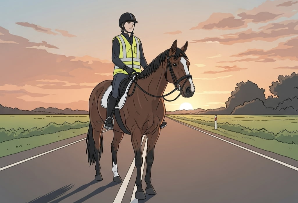 A person riding a horse on a dimly lit road at night, representing the idea of can you get a dui on a horse in a simple and realistic way.