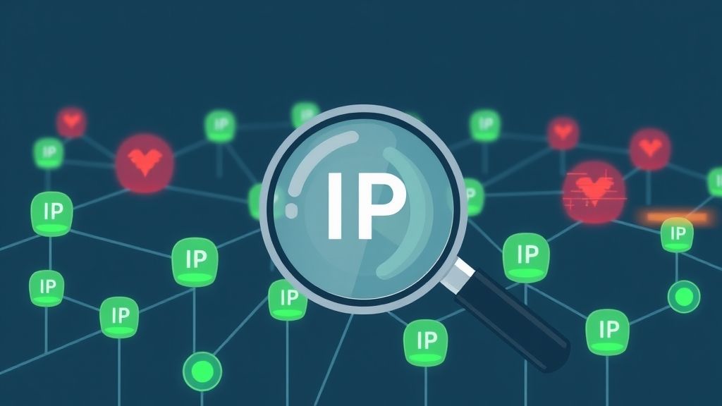 Illustration of a magnifying glass inspecting a network of IP nodes, with some glowing green (safe) and others red or glitchy (suspicious), symbolizing checking if an IP is dangerous.