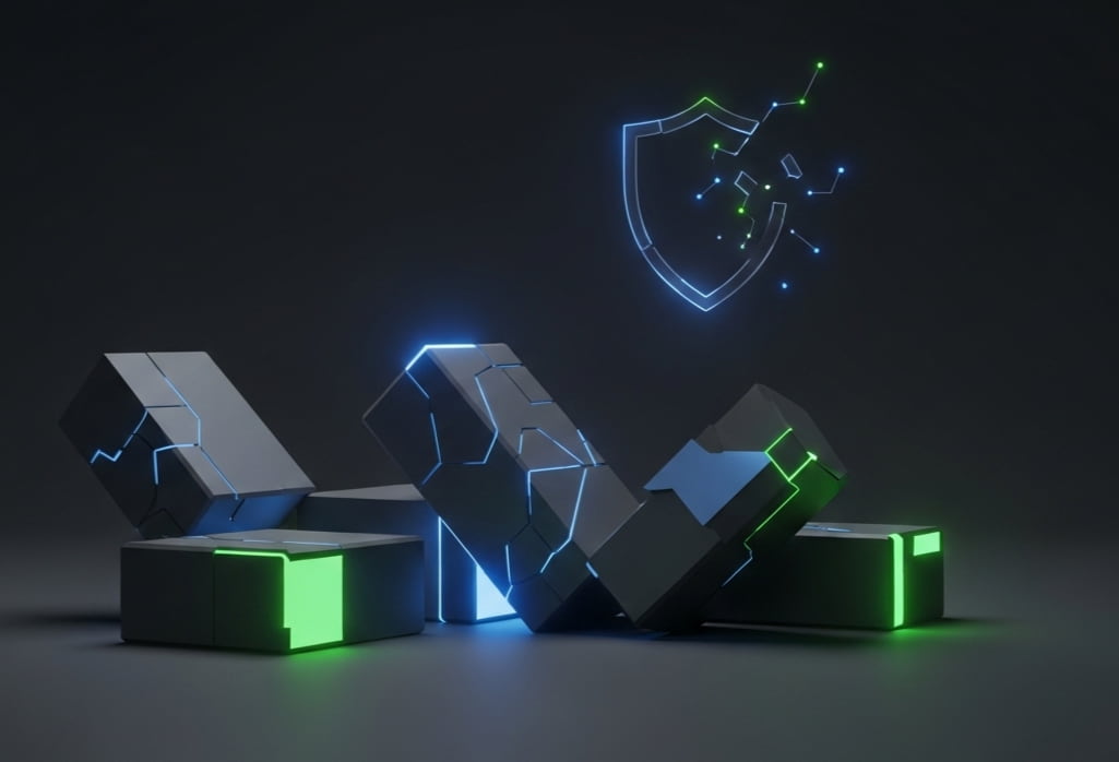 Abstract broken and misaligned glowing blocks with a faint shield in the background, representing common mistakes founders make in cybersecurity pitch decks.