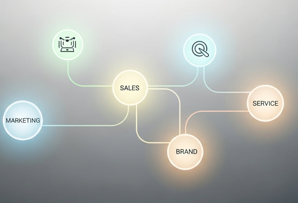 Minimalist illustration of interconnected nodes representing brand elevation scale agile solutions driving consistency across multiple touchpoints, symbolizing alignment and unified customer experience.