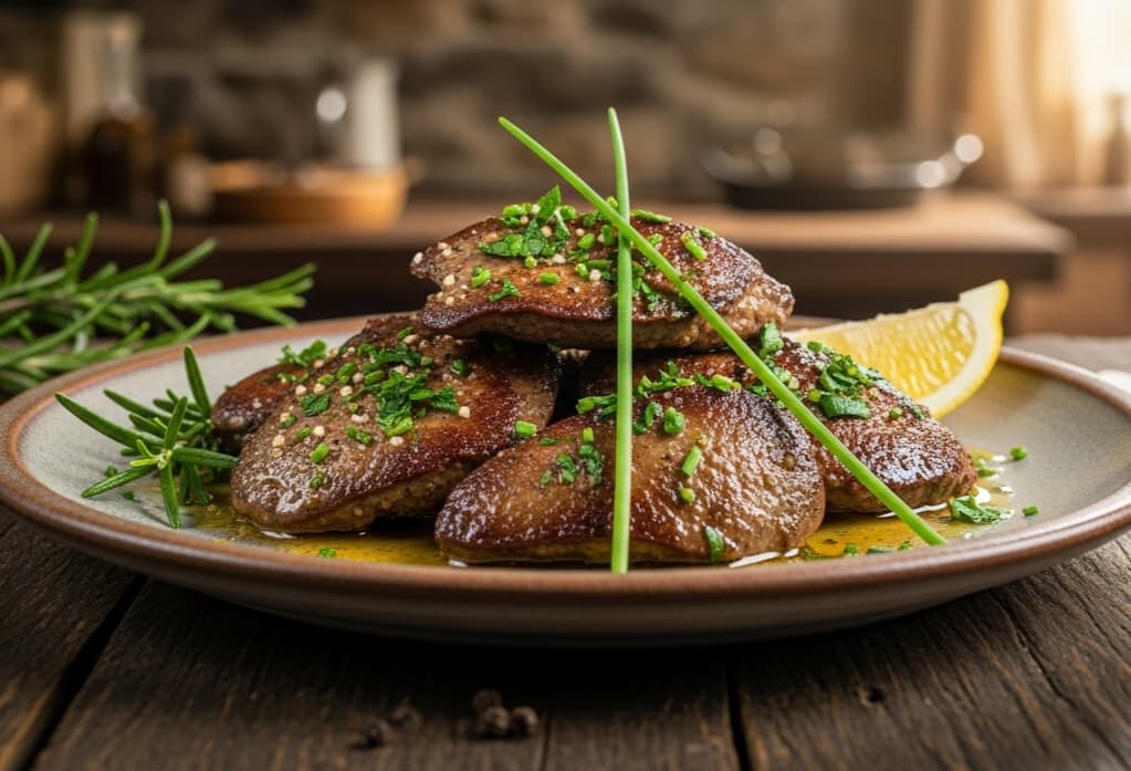 Cooked lamb liver on a plate garnished with fresh herbs, ready to serve.