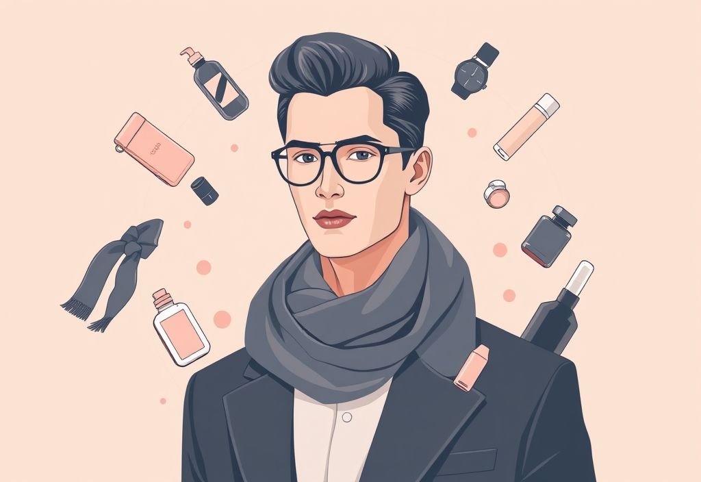 Vector illustration of a relaxed stylish man meditating surrounded by floating fashion items and grooming products in soft colors. Circular composition with zen aesthetic. No text.