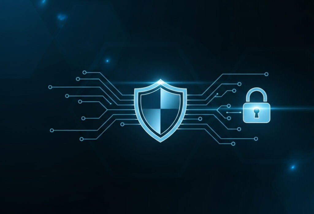 Abstract glowing shield and lock connected with digital lines on a dark tech background, symbolizing cybersecurity and investor pitch concept.