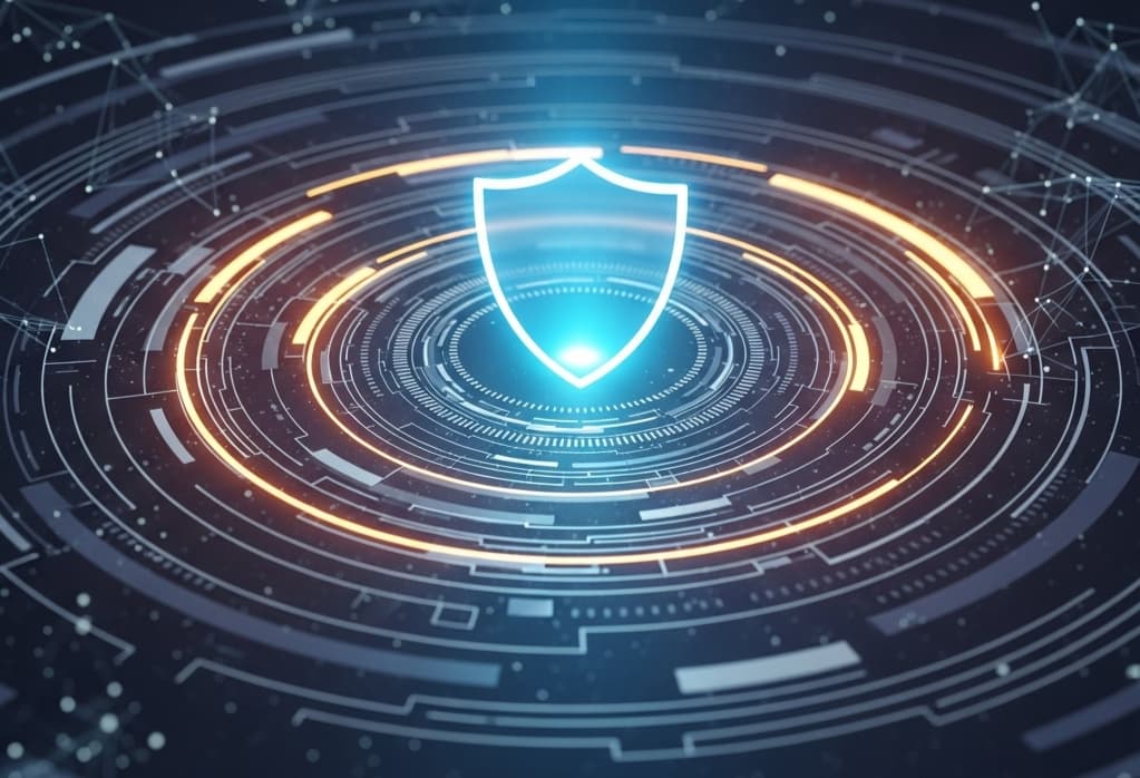 Glowing central shield with layered digital rings and network lines, symbolizing what makes a cybersecurity pitch deck stand out to investors.