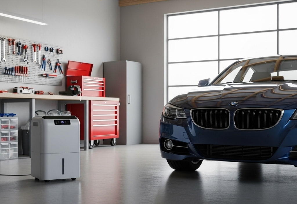 Dehumidifying a garage with a dehumidifier in operation, showing a clean and organized space with a car and tools.