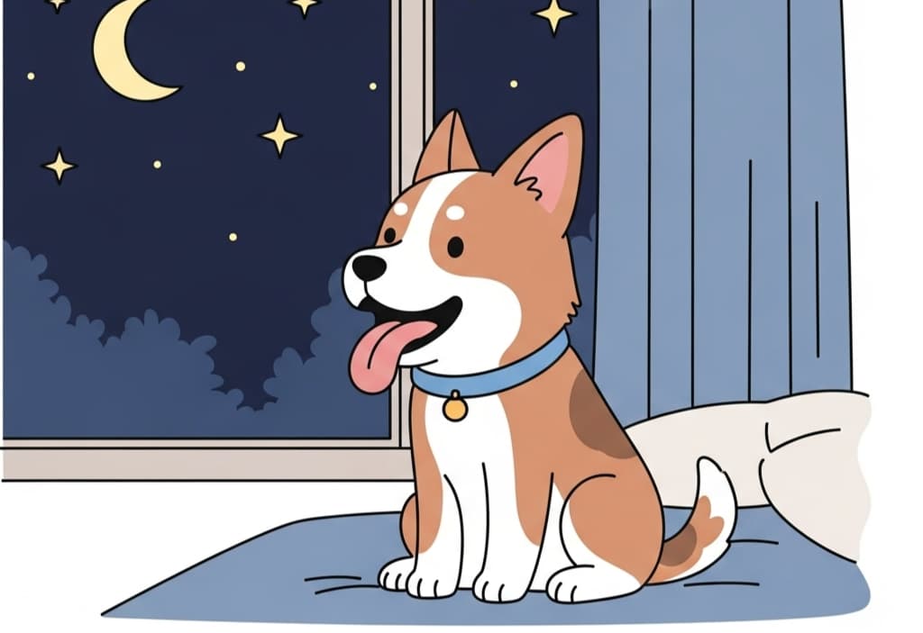 Cartoon style vector illustration of a dog panting at night with moon and stars in the background