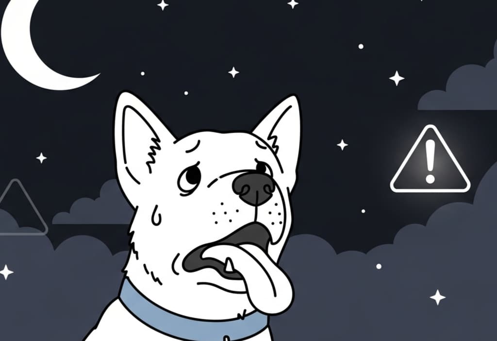 Vector illustration of a dog panting at night with a worried look and subtle warning sign elements in the background