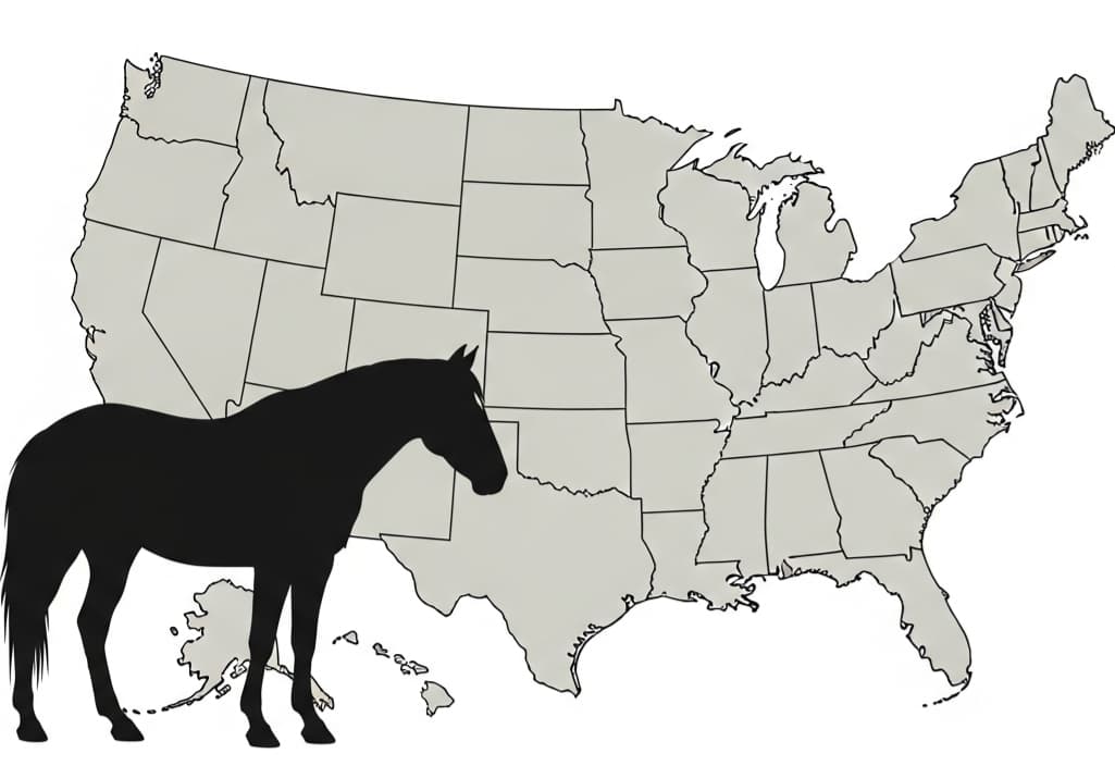 A minimal map of the United States with a horse silhouette, symbolizing can you get a DUI on a horse laws in different states.