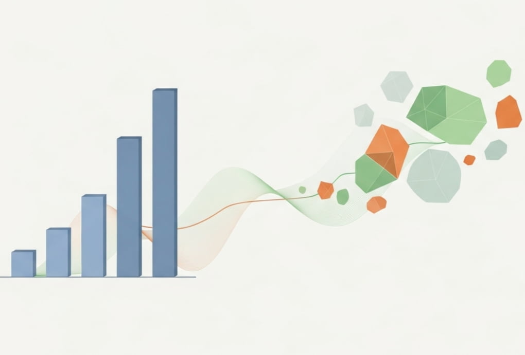 Minimalistic illustration showing the transition from traditional KPIs to modern EO PIs, with abstract shapes representing growth and progress.