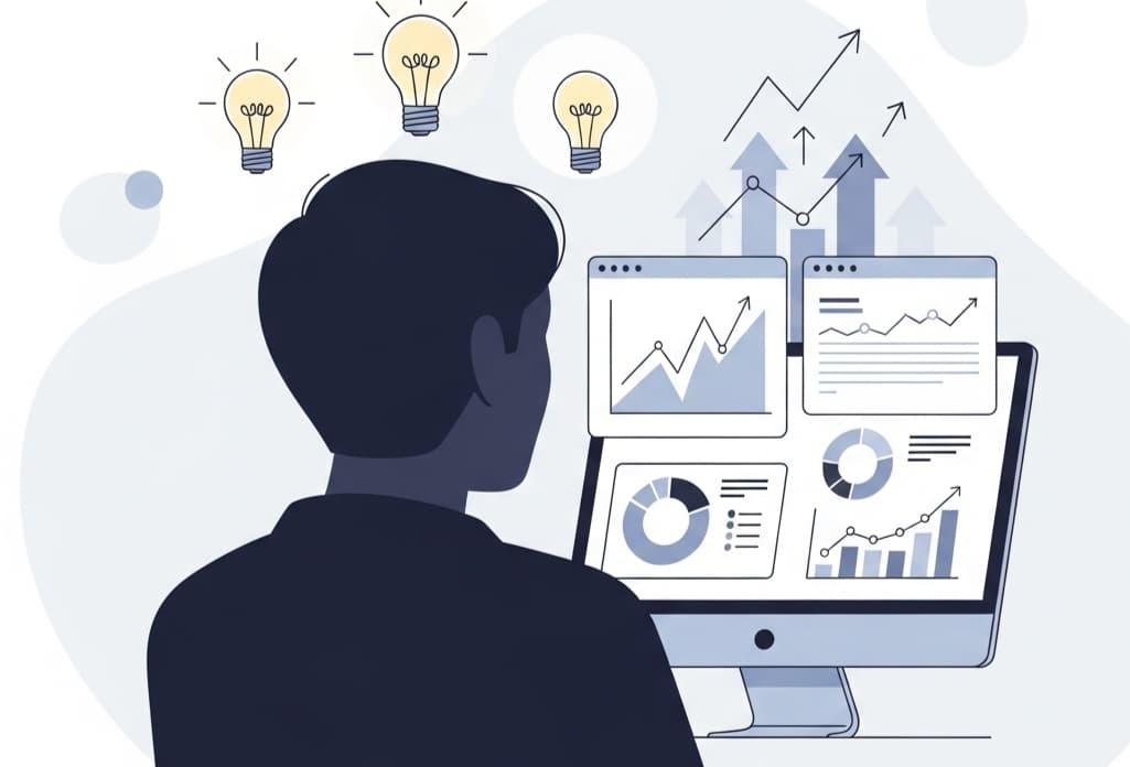 Illustration of a person analyzing charts and graphs, symbolizing how EO PIs help make better decisions.