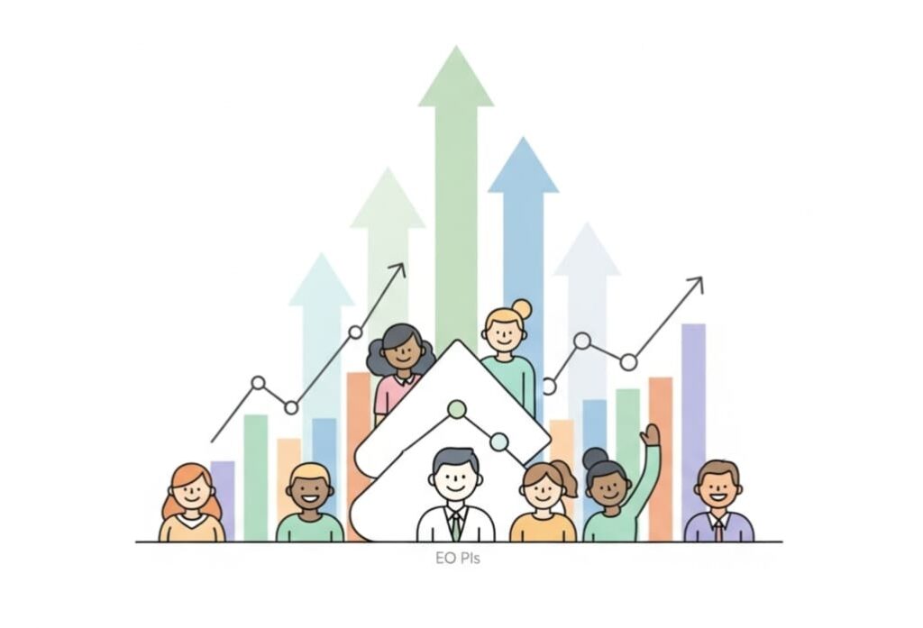 Illustration of a thriving organization with charts and happy employees, symbolizing the positive difference EO PIs make in real organizations.