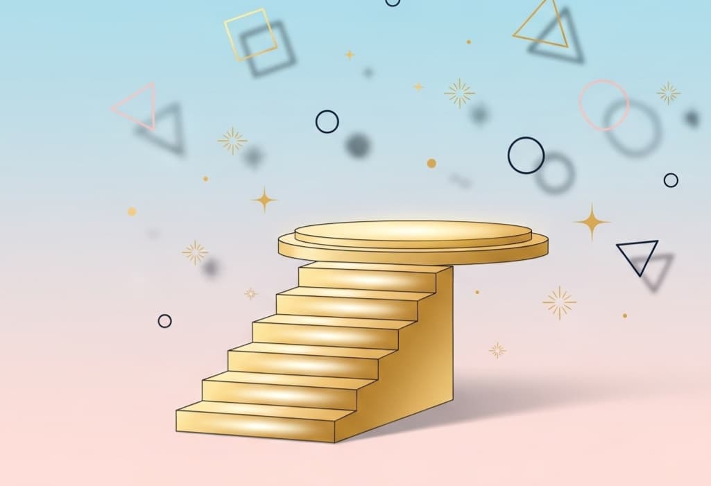 Minimalist vector illustration of a golden staircase or podium with glowing highlights and abstract shapes, symbolizing elevation and prestige.
