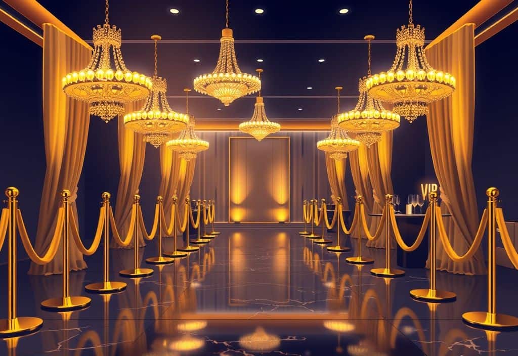 Abstract vector illustration symbolizing exclusive lifestyle events, featuring luxurious décor, velvet ropes, ambient lighting, and elegant settings representing VIP experiences.