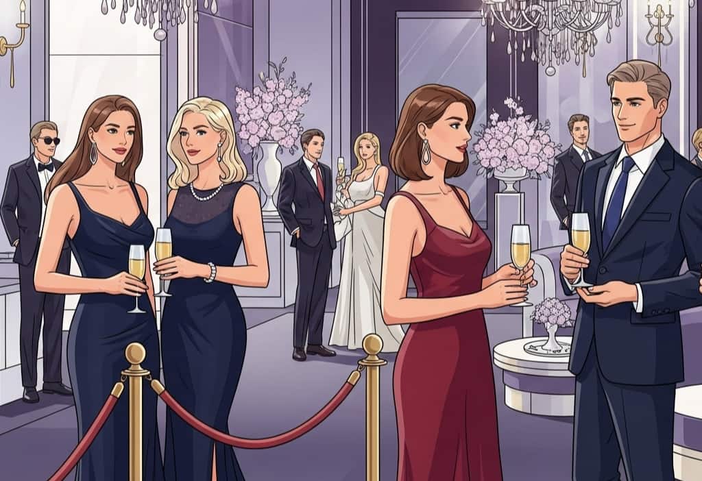 Illustration of an exclusive lifestyle event with stylish guests, luxurious décor, and VIP ambiance, highlighting the glamour and sophistication of high-end experiences.