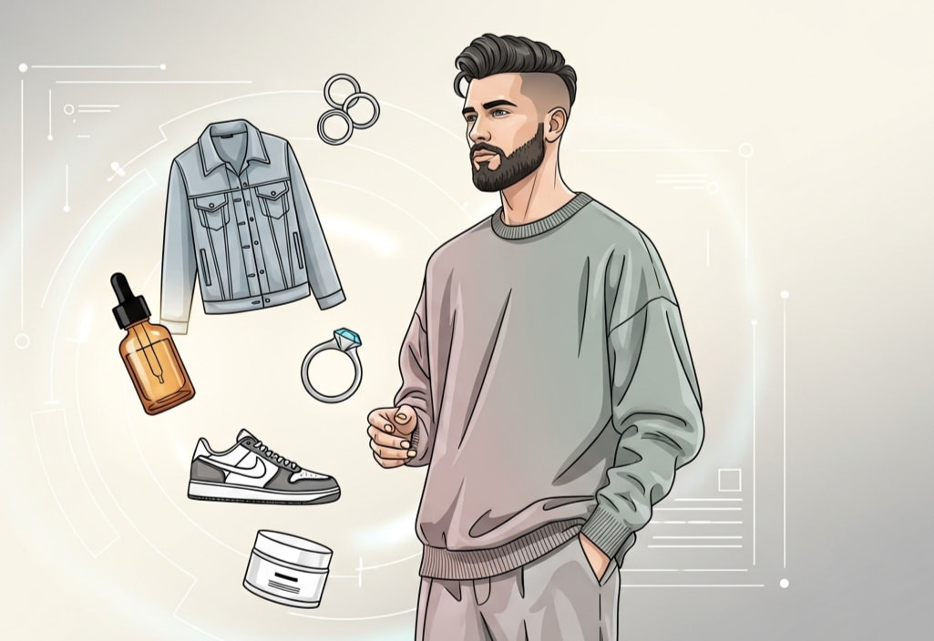 Lifestyle Grooming Digital Creator Fashion concept showing a stylish male creator surrounded by grooming and fashion icons in a modern illustrated setting