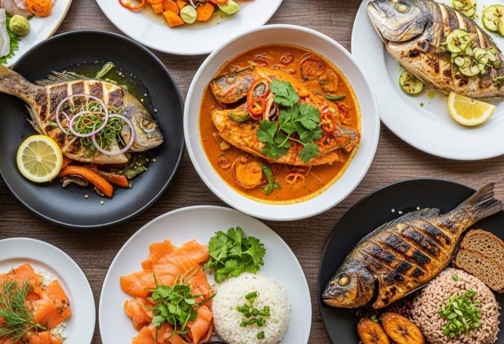 A variety of fish dishes from around the world, each plated with regional ingredients and colorful garnishes.