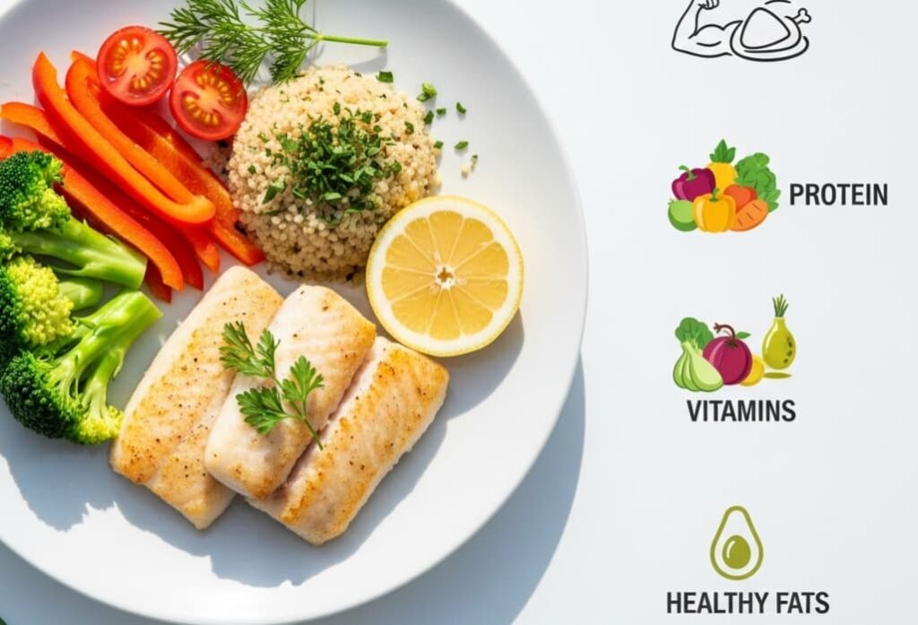 A plate with fish fillets, vegetables, grains, and herbs, alongside icons showing nutritional content like protein and vitamins.