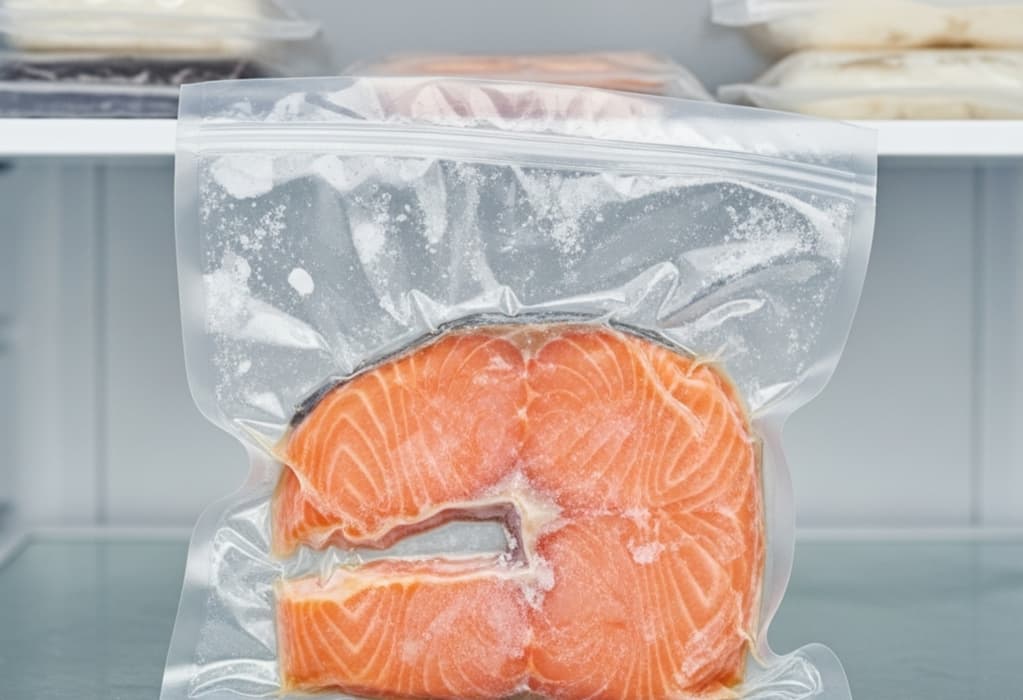 Vacuum-sealed smoked salmon inside a freezer with a label, showing proper freezing and storage duration.