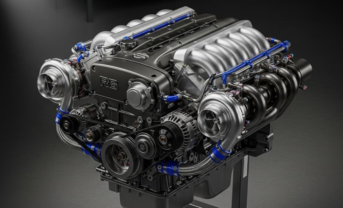 Front facing plenum on a Nissan RB engine intake manifold with clean metallic design