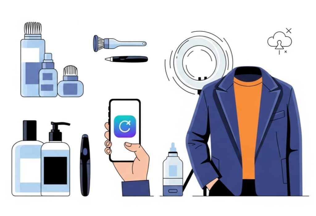 Vector illustration of men’s grooming products, stylish clothing, and digital creator influence representing the future of Lifestyle Grooming Digital Creator Fashion