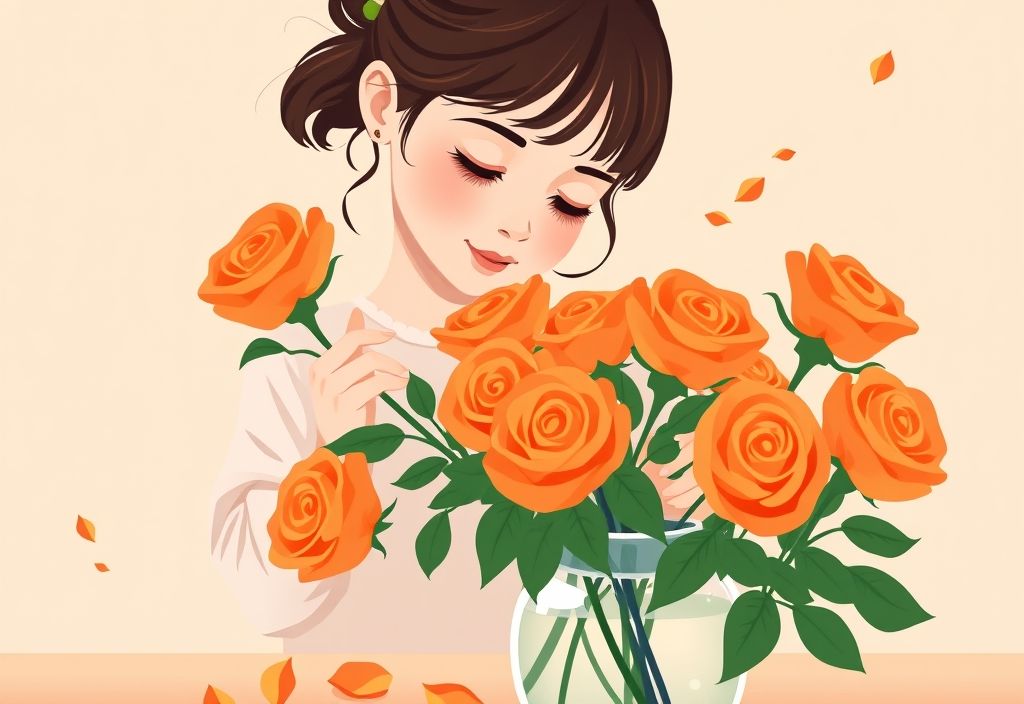 Vector illustration of a young girl arranging vibrant orange roses in a vase, symbolizing care and beauty, highlighting the orange color rose meaning.