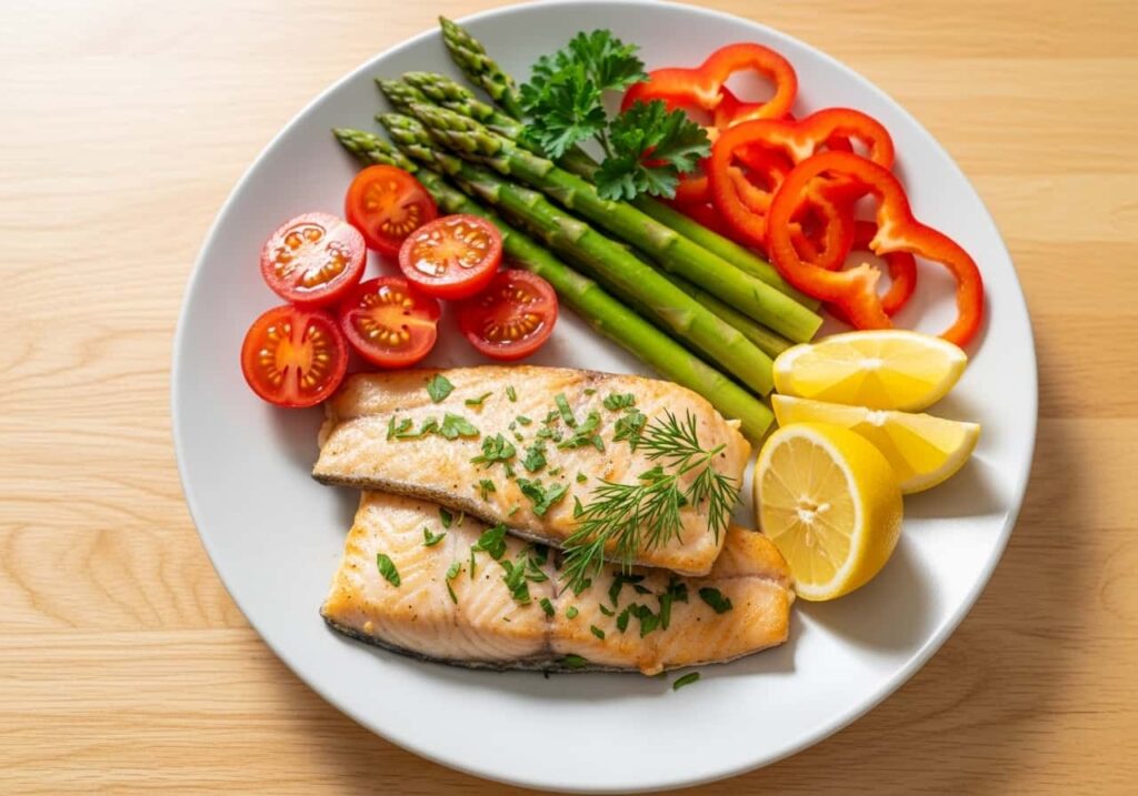 A healthy meal with fish fillets, fresh vegetables, lemon, and herbs on a plate, emphasizing nutritious ingredients.