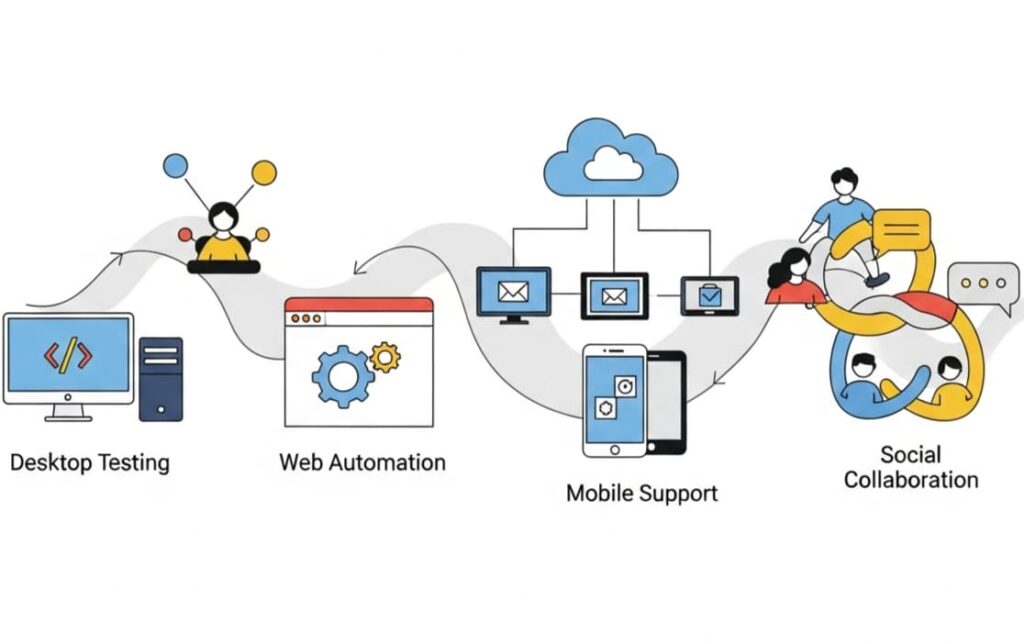 A digital illustration depicting the history and evolution of SilkTest, showing milestones from desktop testing to web, mobile, cloud support, and social collaboration features, highlighting teamwork and streamlined workflows.