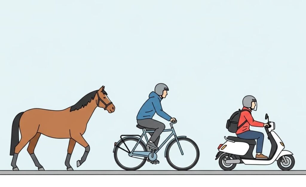 A minimal illustration comparing a horse, a bicycle, and an e-scooter on a road, highlighting how does horse DUI compare to DUI on bicycles or e-scooters and exploring can you get a dui on a horse.