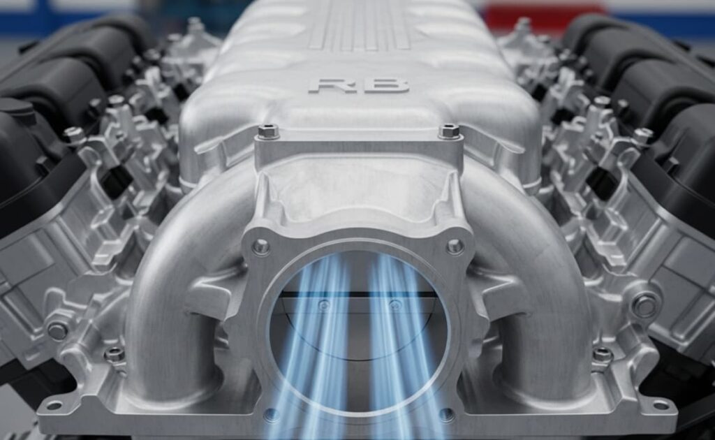 Front facing plenum on RB engine showing airflow direction and intake design