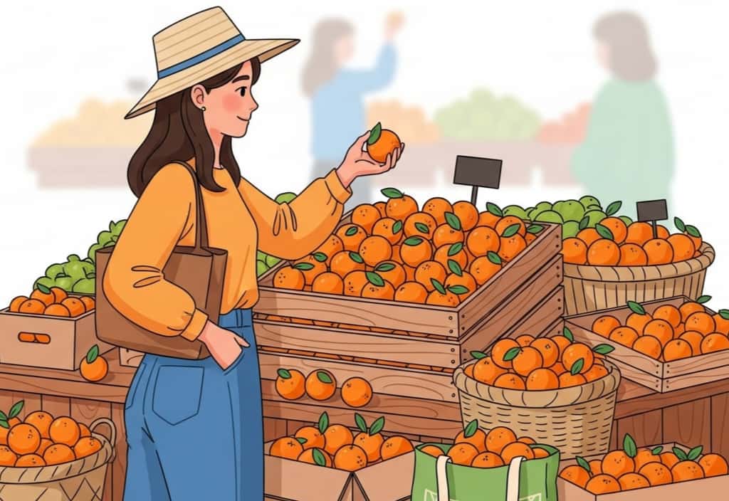 A creative vector illustration of a young woman picking oranges at a market stall with baskets, showing the idea of choosing and storing oranges.
