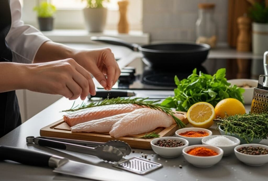 Preparing fish on a kitchen countertop with fresh fillets, herbs, lemon, and cooking utensils.