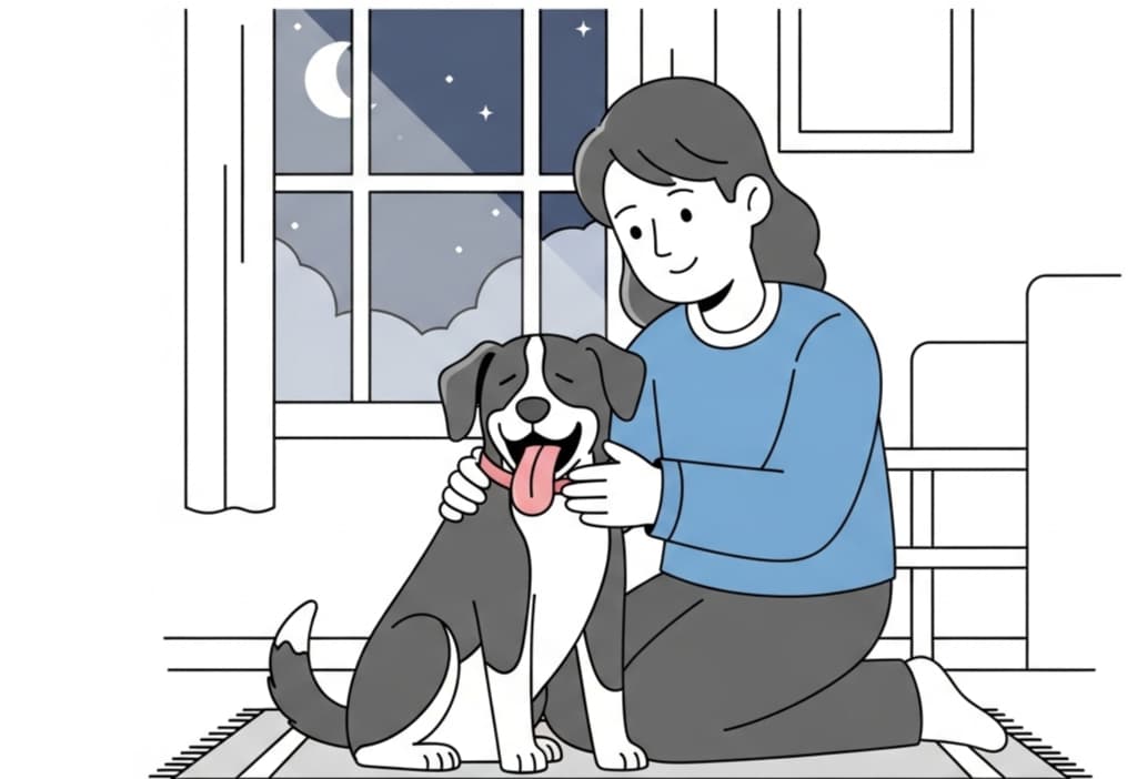 Vector illustration of a person comforting a panting dog at night with moon and stars in the background