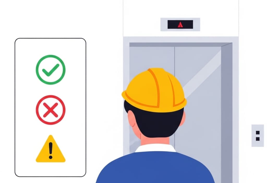 Illustration of a person observing lift safety signs with green check, red cross, and caution symbols, showing how to read and interpret lift safety signs in a simple vector style.