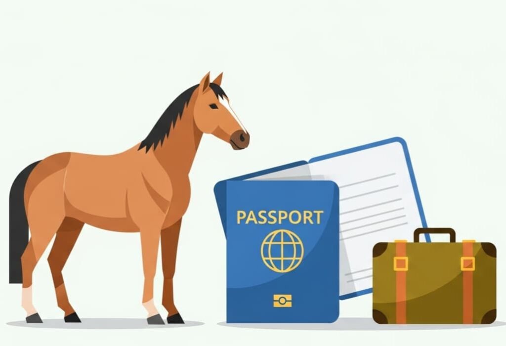 Vector illustration of a horse with a passport and suitcase, representing international DUI laws for horseback riders.